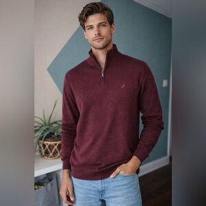 Nautica Men’s Medium Burgundy Red Pullover 1/4 Zip Tight Knit Golf Sweater